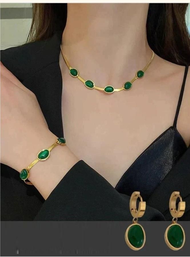 VaibhavCrysta™️ Oval Green Crystal Pendant Necklace Set With🔥Free Bracelet Only For Today🔥