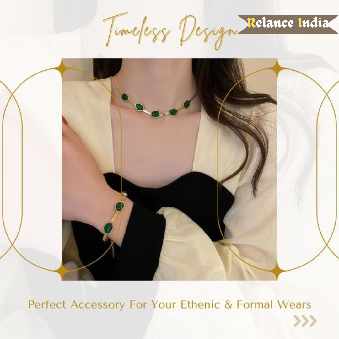 VaibhavCrysta™️ Oval Green Crystal Pendant Necklace Set With🔥Free Bracelet Only For Today🔥