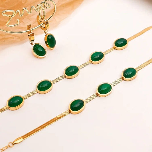 VaibhavCrysta™️ Oval Green Crystal Pendant Necklace Set With🔥Free Bracelet Only For Today🔥